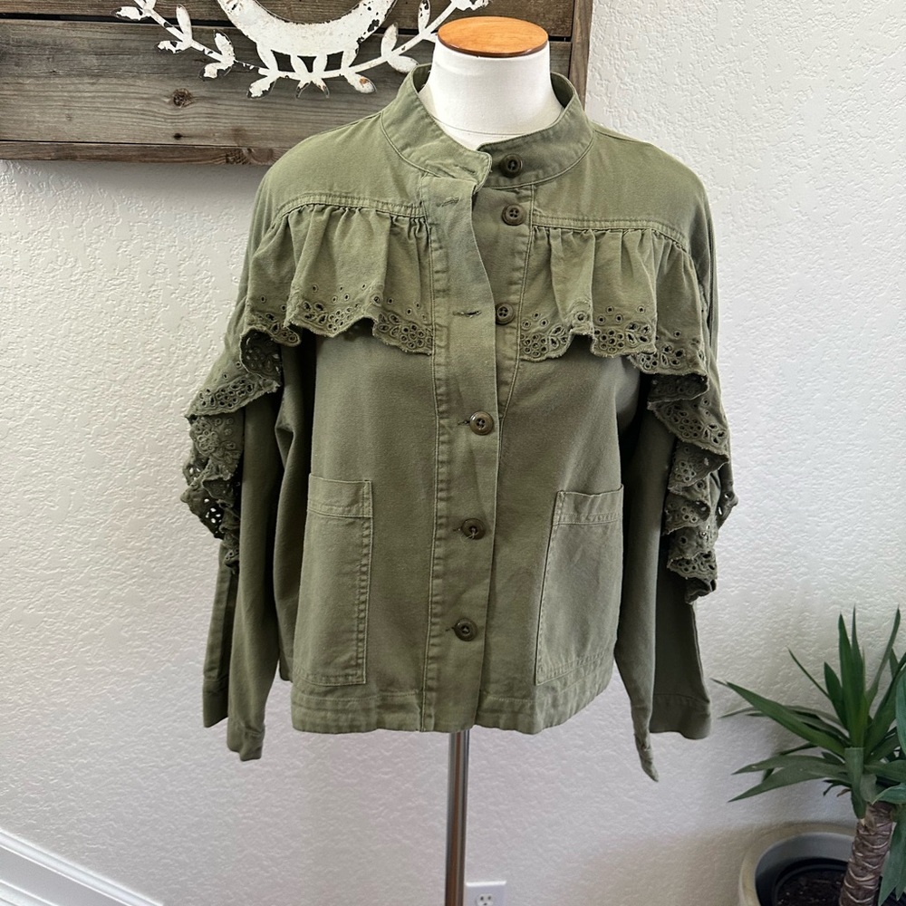 The Great Olive Green Women's Jacket with Lace Detail size 1 Small NWT‎